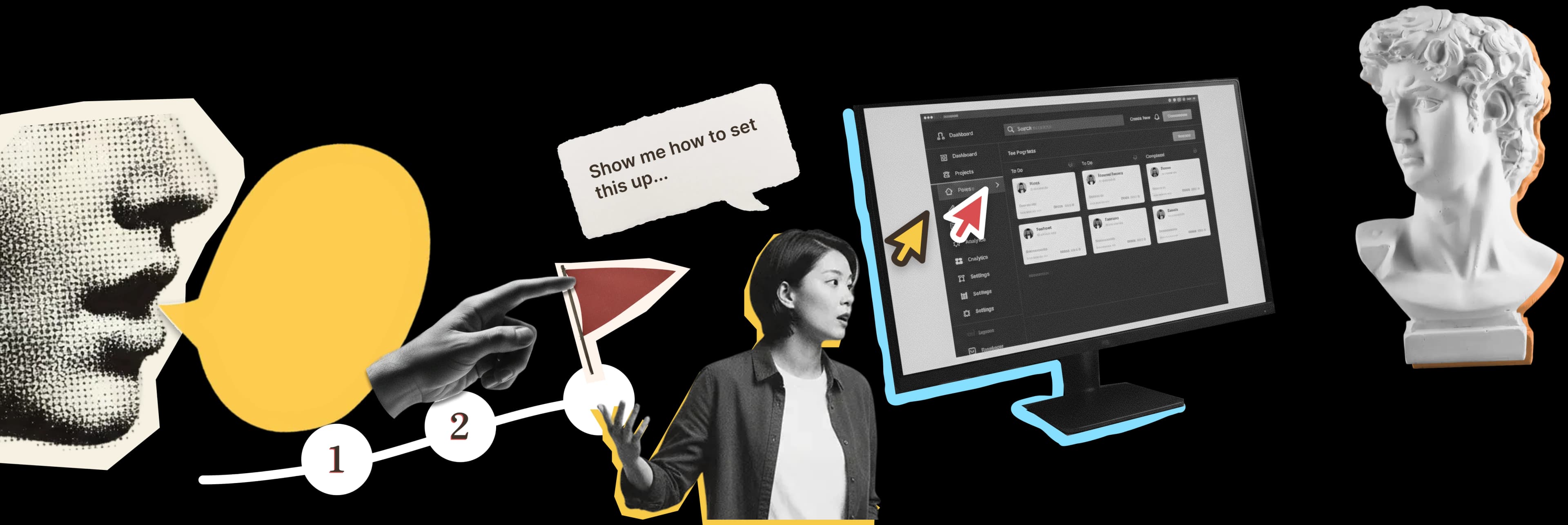 Illustration of Specialist features including live demos, onboarding flows, and conversation analytics